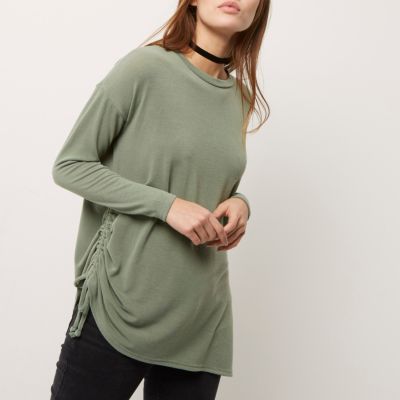 Light green ruched drawstring side top